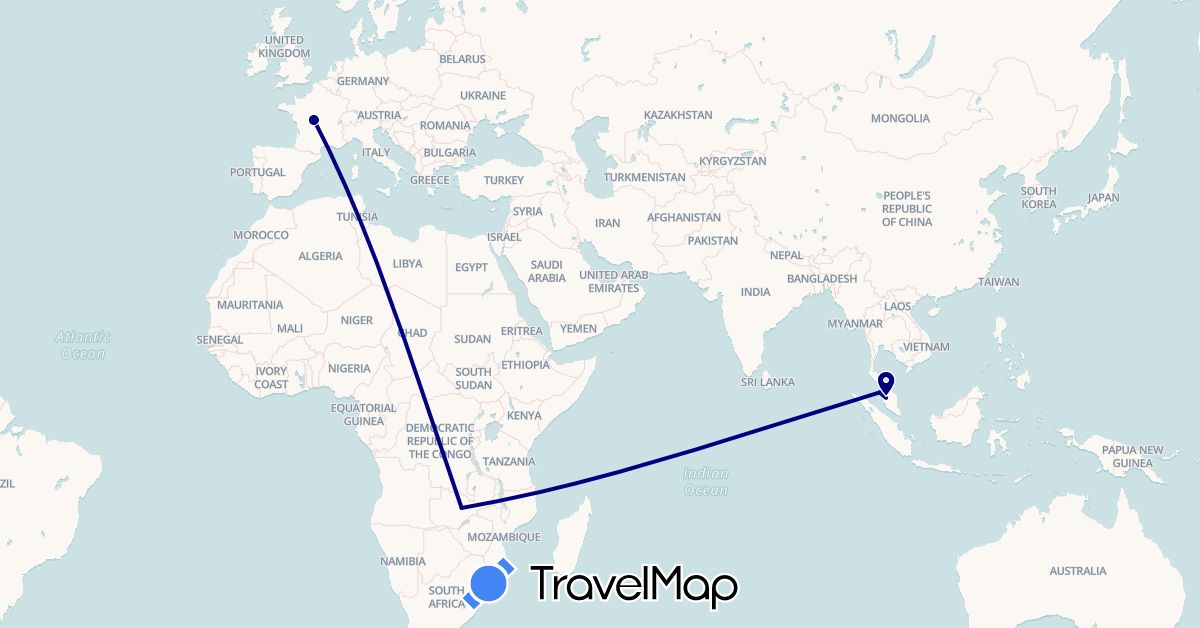 TravelMap itinerary: driving in France, Malaysia, Zambia (Africa, Asia, Europe)